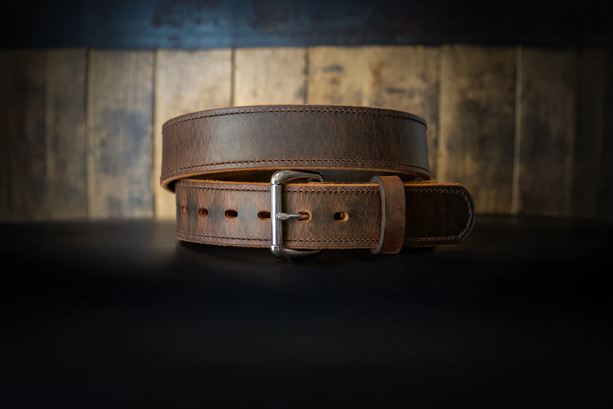Leather belt with steel buckle